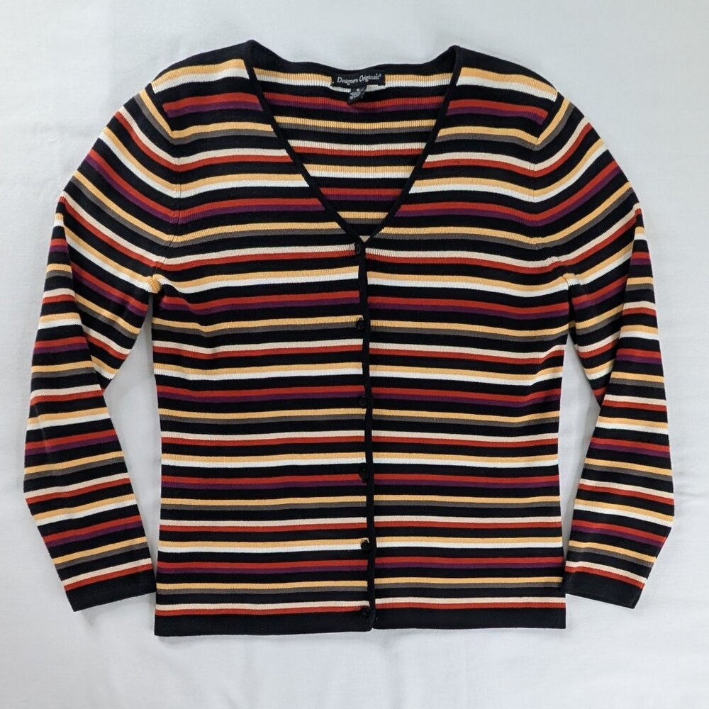 VTG Black Butter Yellow Stripe Ribbed Knit Button Front V Neck Cardigan 90s Y2k